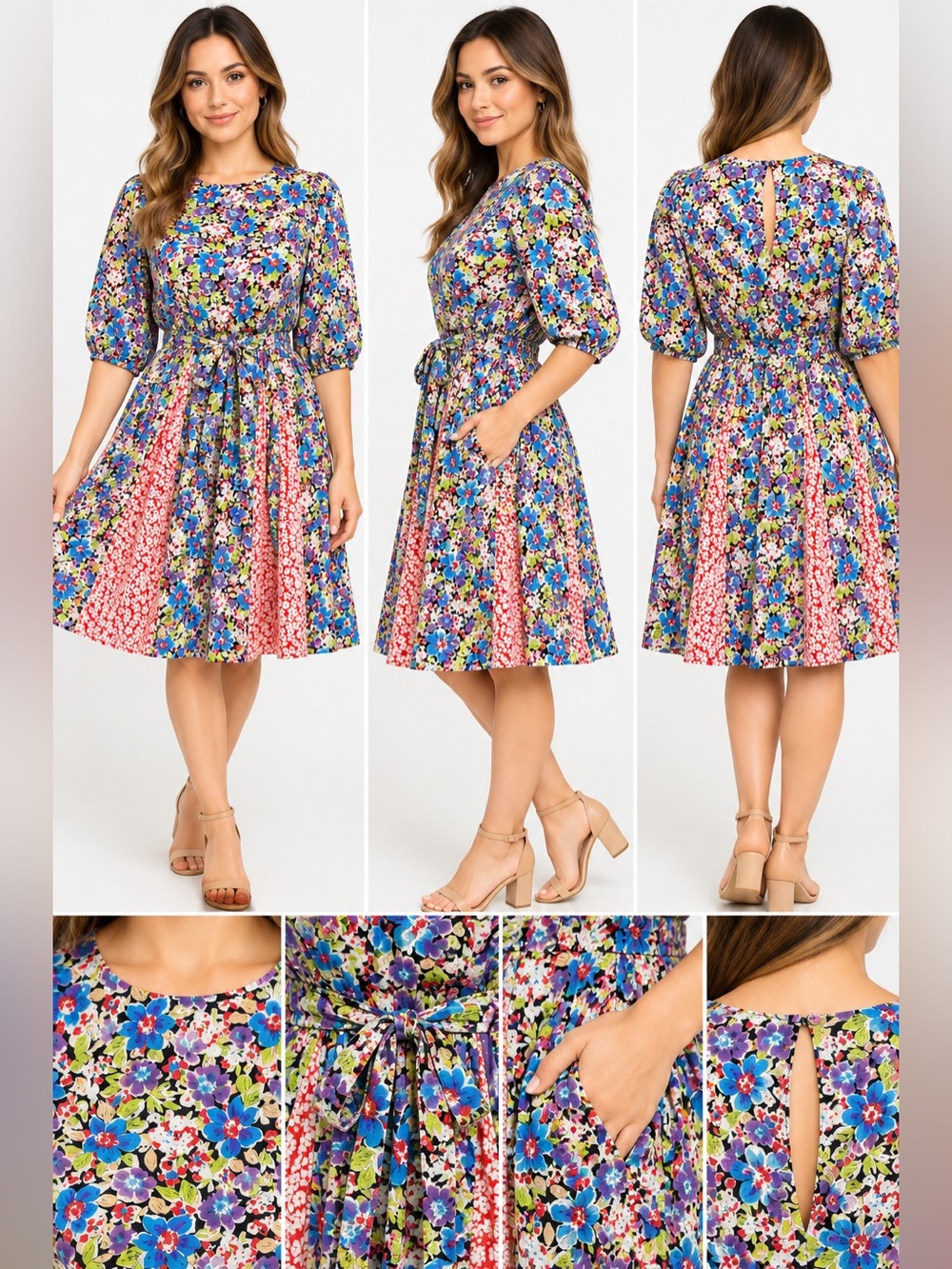 Melloday Floral Patchwork Cotton Fit & Flare Dress Size L Boho Cottagecore